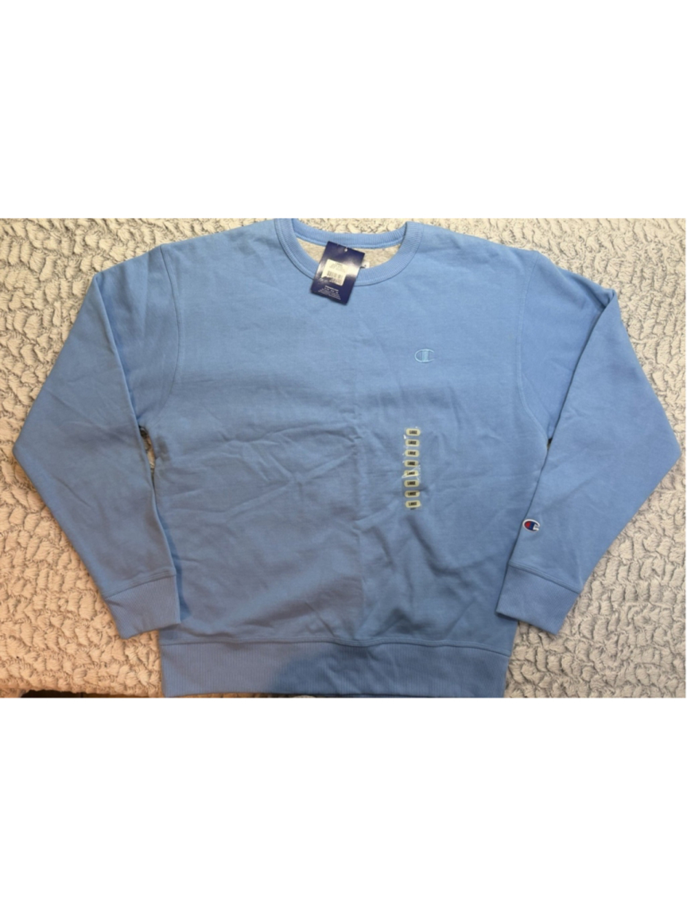 Champion Powerblend Men's Blue Solid Fleece Crew Neck Logo Sweatshirt L
